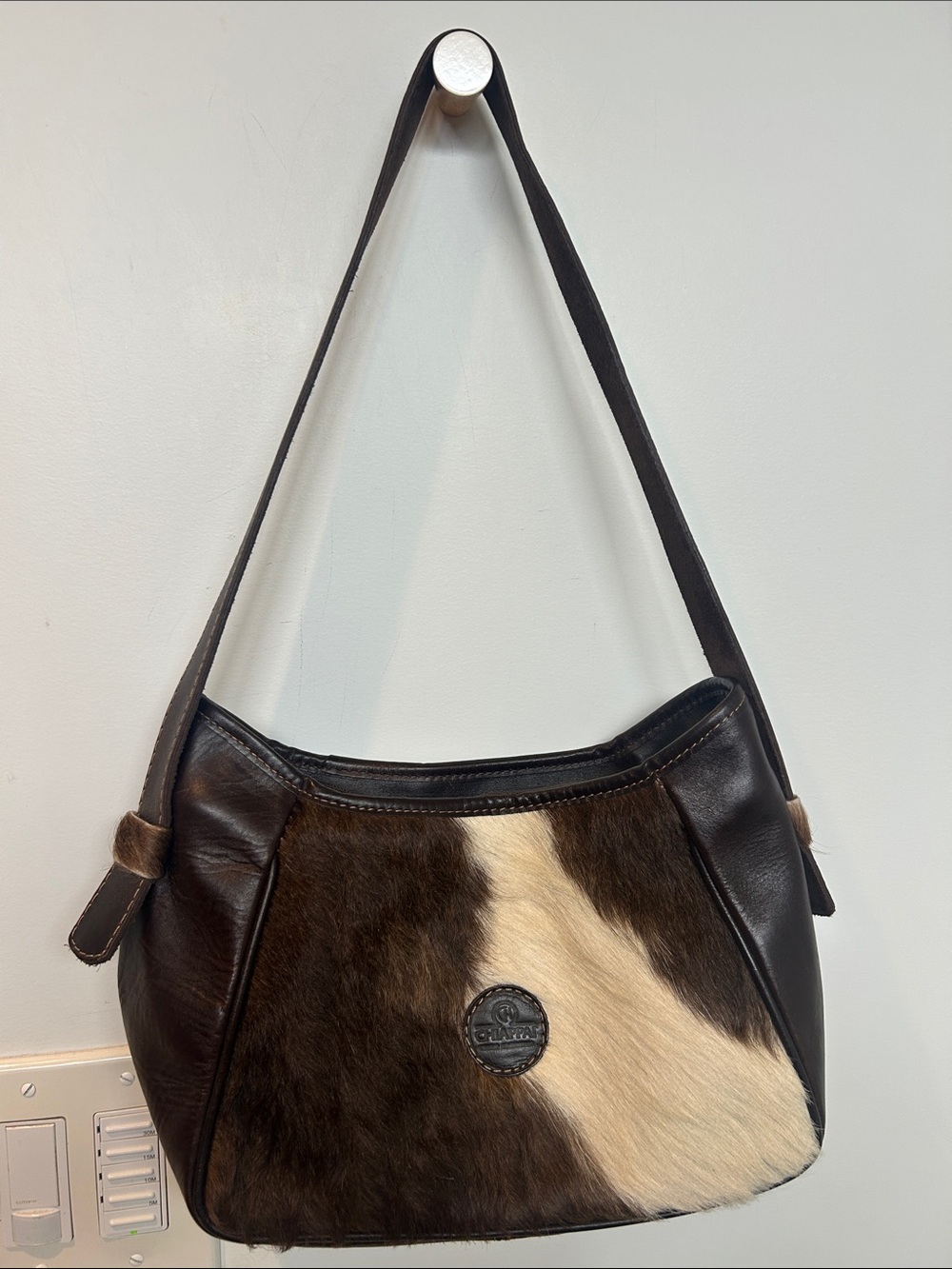 Leather and Haircalf Shoulder Bag in Brown and Cream